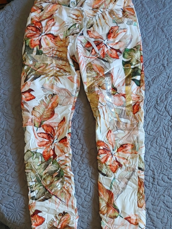 Etern Elle Pants - Etern Elle  Floral Print Pants - Orange, Green, White And Gold Sz SM